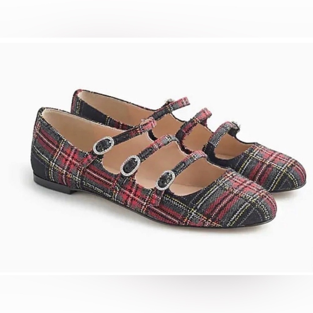 New J.Crew Womens Three-strap
Mary Jane Flats Shoes Sz 7.5 Plaid Red & Black